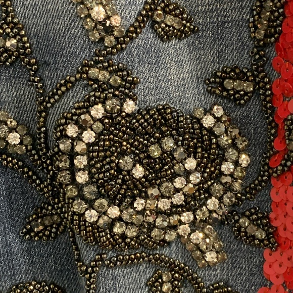 Italian Vibrant Red and White Skinny Beaded Jeans Sequence Side Accents - Picture 7 of 16